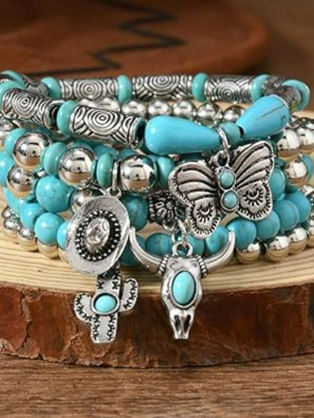 5 Boho Beaded Bracelet Set Stackable Stretchy Turquoise Boho Cactus skull